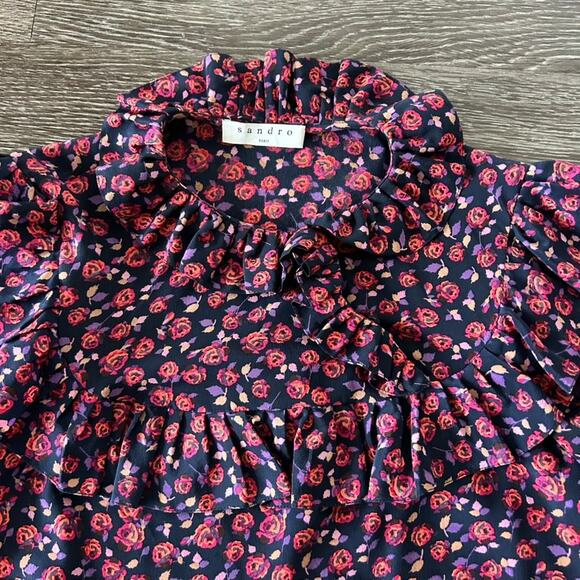 EUC Sandro Paris Floral Ruffle Silk Mini Dress S 4 Long Sleeve Multicolor Print - Picture 5 of 16